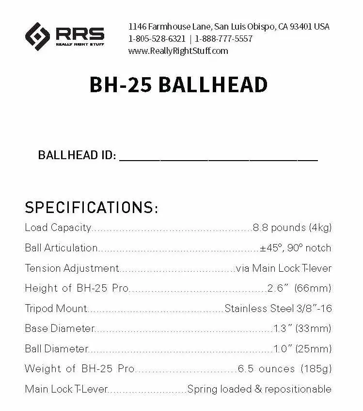 specifications of the BH-25 ball head