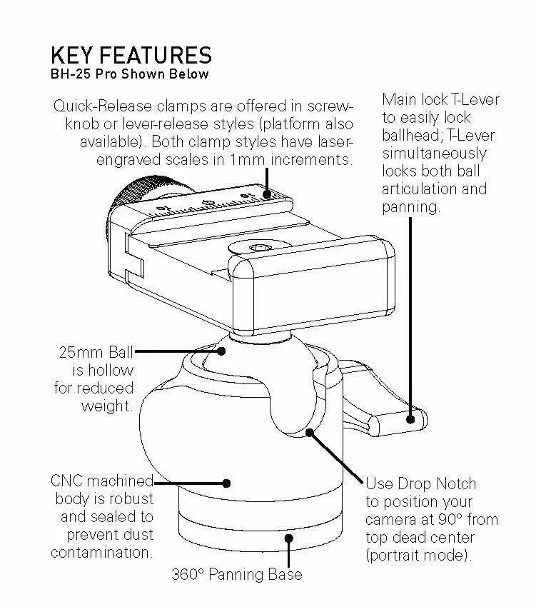 line drawing detailing key features of BH-25 ball head