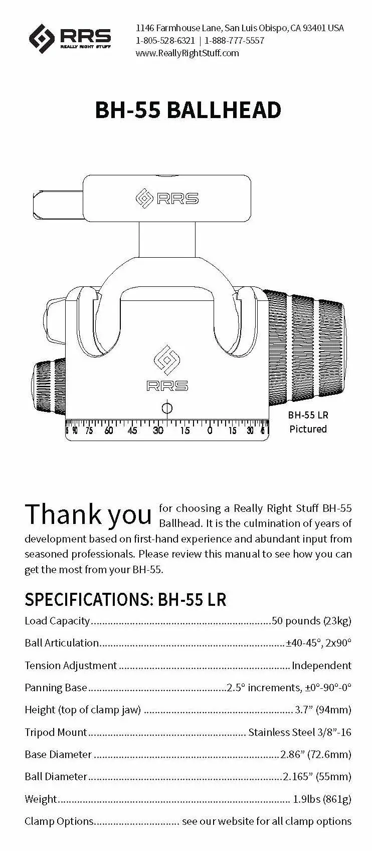 specifications of the BH-55 ball head