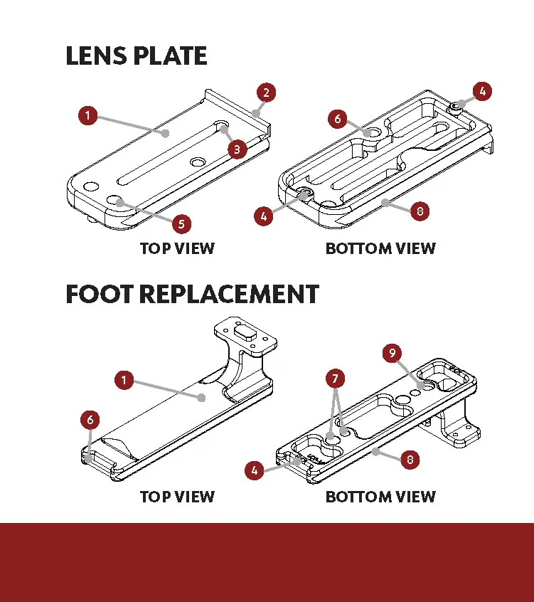 detailed diagram of lens plate and foot replacement